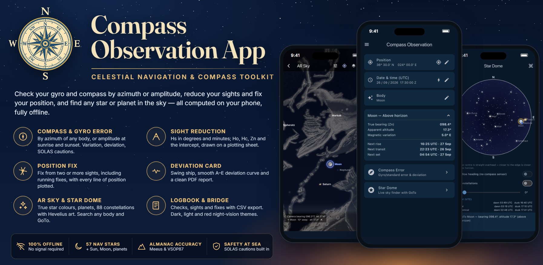 Compass Observation App — celestial navigation and compass toolkit: compass and gyro error, sight reduction and fixes, AR sky and star dome; the app's home screen, AR sky and star dome shown on three phones